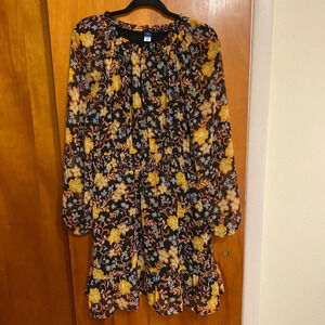 Old Navy Women’s Black Floral Print Gather Neck Long Sleeve Dress, Size M